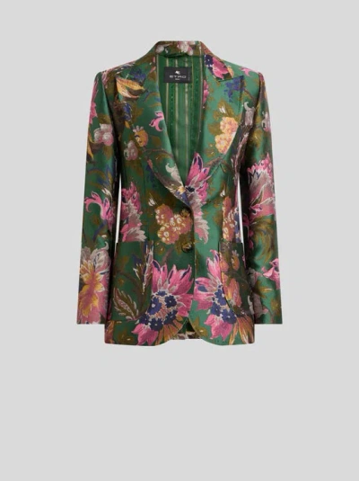 Etro , Single-breasted Cotton-blend Jacquard Jacket With Floral Motif, Woman, Green, Size 36