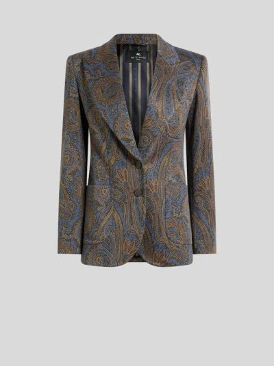 ETRO , SINGLE-BREASTED COTTON-BLEND JACQUARD JACKET WITH PAISLEY MOTIF, WOMAN, LIGHT BLUE, SIZE 36