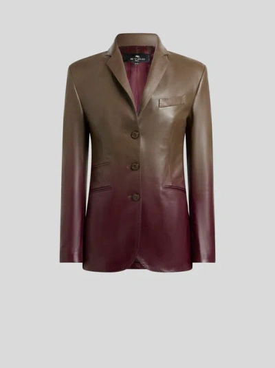 Etro , Single-breasted Degradé Leather Jacket, Woman, Brown, Size 48