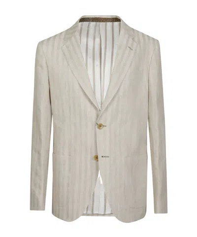 Etro Single-breasted Hemp And Linen Jacket With Striped Motif In Brown