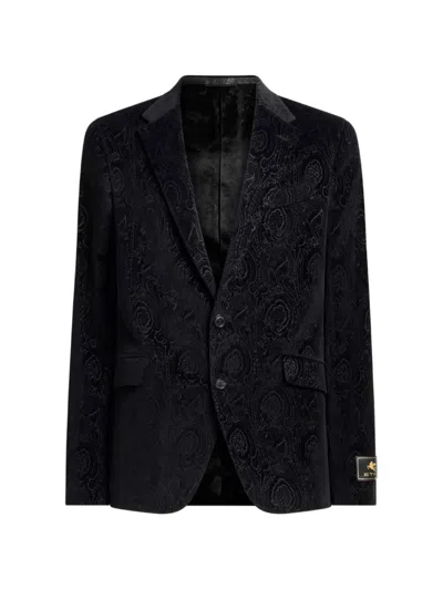 Etro Single-breasted Jacket In Cotton Velvet With Arnica Motif In Black