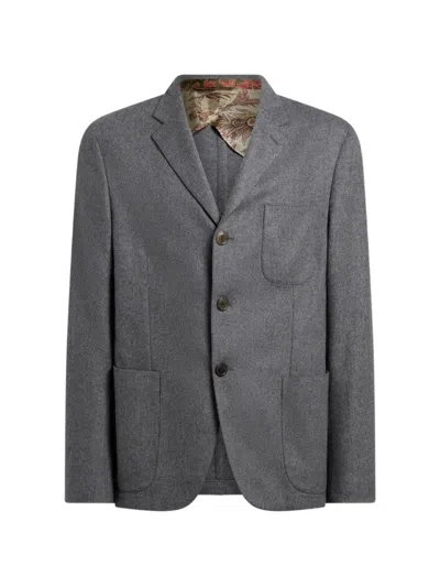 Etro Single-breasted Jacket In Plain-coloured Wool-blend Flannel In Multi
