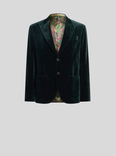 Etro Single-breasted Jacket In Stretch Cotton Velvet In Green