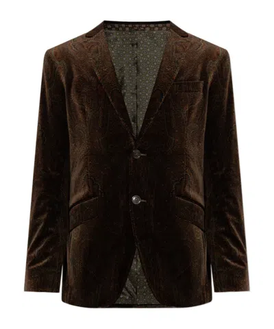 Etro Single-breasted Jacket In Stretch Cotton Velvet With Arnica Motif In Brown