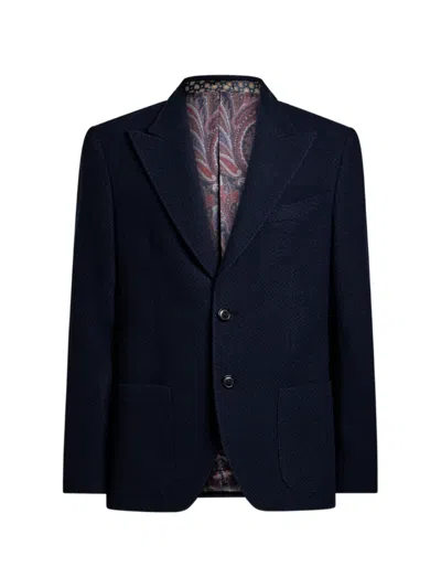 Etro Single-breasted Knit Cashmere And Wool Jacket In Blue