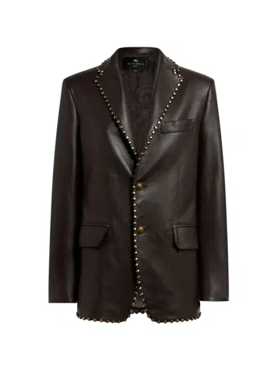 Etro Single-breasted Leather Jacket With Studs In 브라운