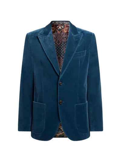 Etro Single-breasted Plain-coloured Cotton Velvet Jacket In Blue