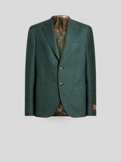 Etro , Single-breasted Silk And Cashmere Jersey Jacket With Houndstooth Motif, Man, Green, Size 56
