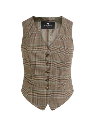 Etro Single-breasted Stretch Wool Waistcoat With Prince Of Wales Motif In Brown