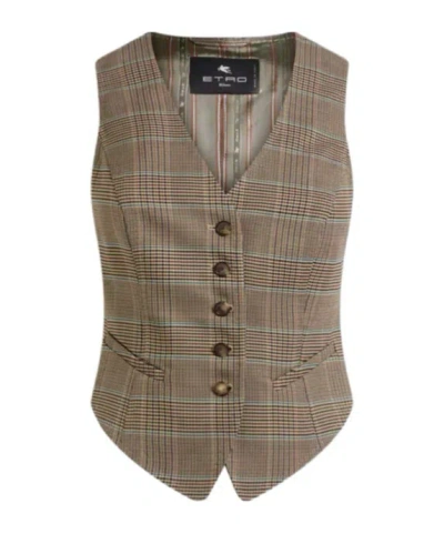 Etro Single-breasted Stretch Wool Waistcoat With Prince Of Wales Motif In Brown
