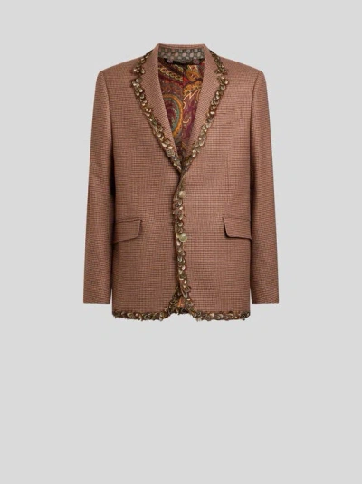 Etro , Single-breasted Wool And Cashmere Jacket With Feathers And Micro Houndstooth Motif, Man, Red, Size In Brown