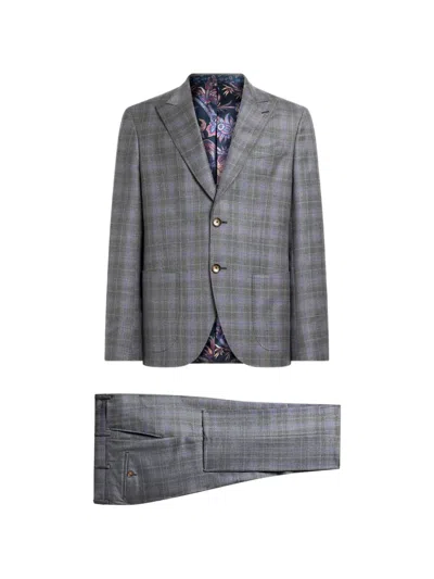 Etro Single-breasted Wool And Cashmere Suit With Check Motif In Gray