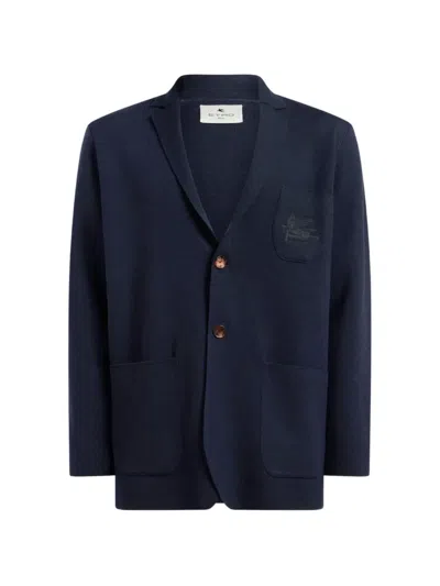 Etro Single-breasted Wool Jacket Embroidered-logo In Blue