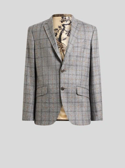 Etro Single-breasted Wool Jacket With Check Motif In Gray