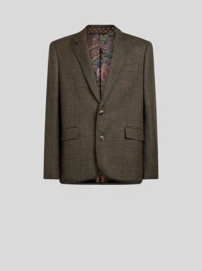 Etro , Single-breasted Wool Jacket With Micro Houndstooth Motif, Man, Green, Size 46