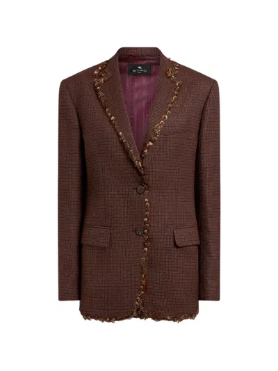 Etro Single-breasted Wool Jacket With Pheasant Feathers And Micro Houndstooth Motif In Multi