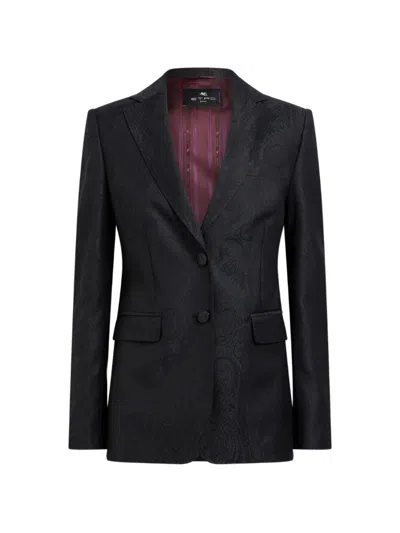Etro Single-breasted Wool Jacquard Jacket With Arnica Motif In Black