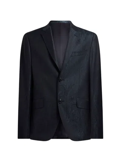 Etro Single-breasted Wool Jacquard Jacket With Arnica Motif In Blue