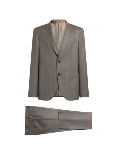 Etro Single-breasted Wool Suit With Chevron Stripes In Gray