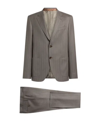 Etro Single-breasted Wool Suit With Chevron Stripes In Brown