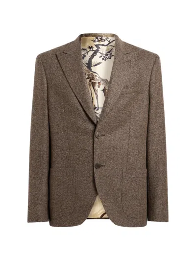 Etro Single-breasted Wool-blend Basketweave Jacket In Brown