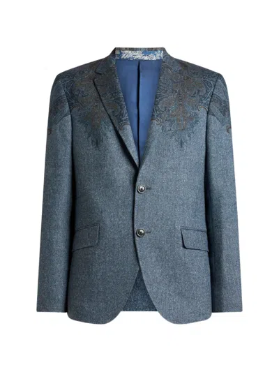Etro Single-breasted Wool-blend Jacket With Placed Paisley Pochette Print In Blue