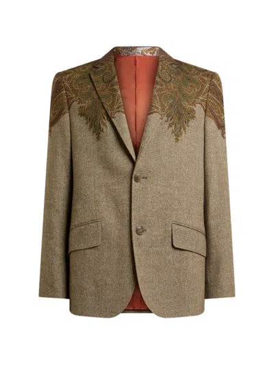 Etro Single-breasted Wool-blend Jacket With Placed Paisley Pochette Print In Green