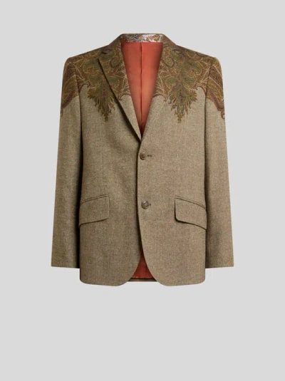 Etro Single-breasted Wool-blend Jacket With Placed Paisley Pochette Print In Green