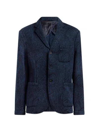 Etro Single-breasted Wool-blend Jacquard Jacket With Arnica-motif In Blue