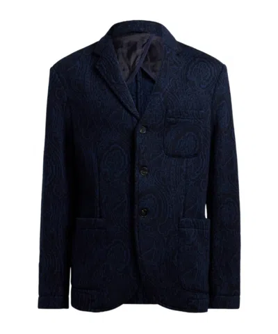 Etro Single-breasted Wool-blend Jacquard Jacket With Arnica-motif In Blue