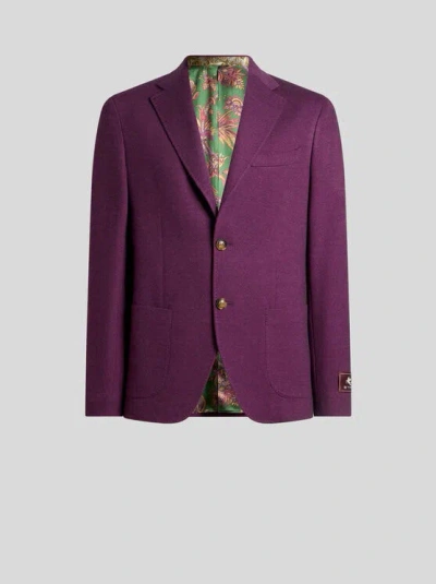 Etro , Single-breasted Wool-blend Jersey Jacket, Man, Purple, Size 52