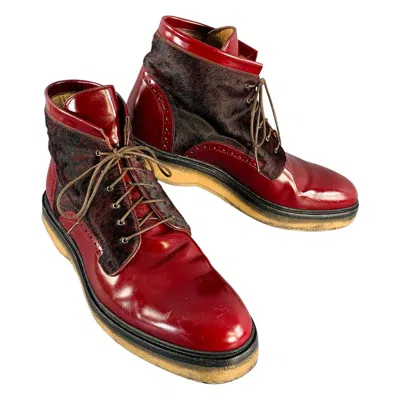 Pre-owned Etro Size 10 Red Paisley Pony Hair Leather Crepe Sole Ankle Boots