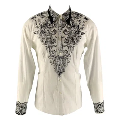 Pre-owned Etro Size 14 White Black Cotton & Elastane Print Shirt