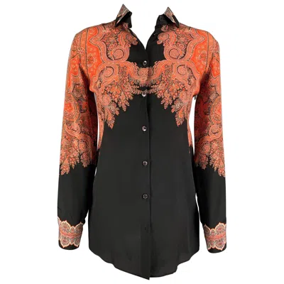Pre-owned Etro Size 2 Orange Black Silk Paisley Blouson Dress Top