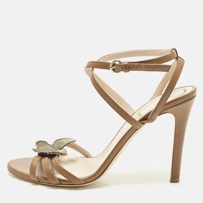Pre-owned Etro Size 39 Brown Leather Butterfly Metal Embellished Ankle Strap Sandals
