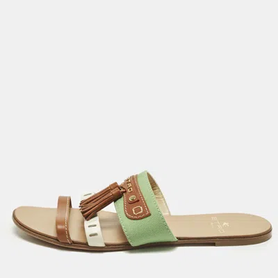 Pre-owned Etro Size 39.5 Trcolor Canvas And Leather Fringe Flat Slide In Brown