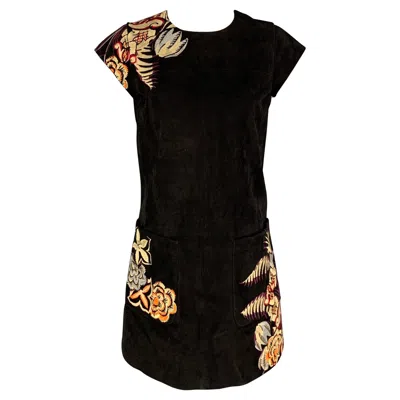 Pre-owned Etro Size 4 Black Multi-color Suede Embroidered Goat Skin Short Sleeve Dress