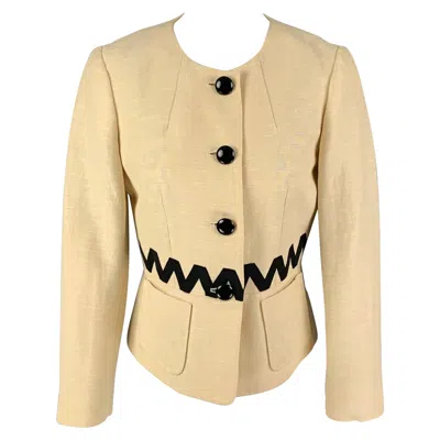 Pre-owned Etro Size 4 Cream Black Silk Blend Ribbon Collarless Jacket In White