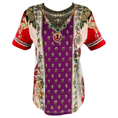 Pre-owned Etro Size 4 White Multi-color Cotton Rhinestones Short Sleeve Casual Top