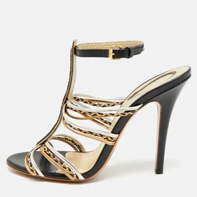 Pre-owned Etro Size 40 Black/gold Leather Chain Embellished Ankle Strap Sandals