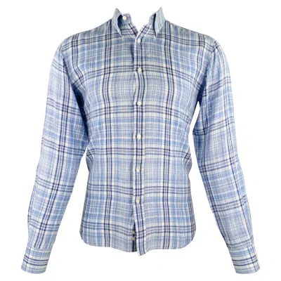 Pre-owned Etro Size 40 Blue White Plaid Button Down Long Sleeve Shirt