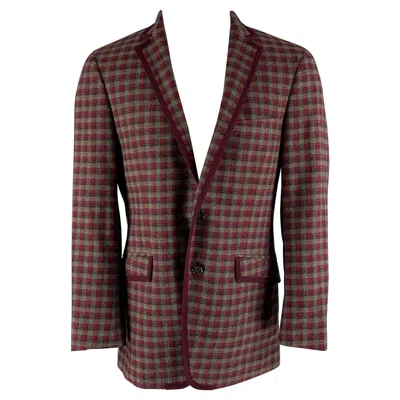 Pre-owned Etro Size 40 Grey Burgundy Checkered Cotton Blend Notch Lapel Sport Coat In Red