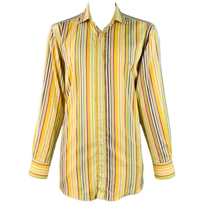 Pre-owned Etro Size 44 Yellow Green White Stripe Cotton Curved Cutaway Long Sleeve Shirt