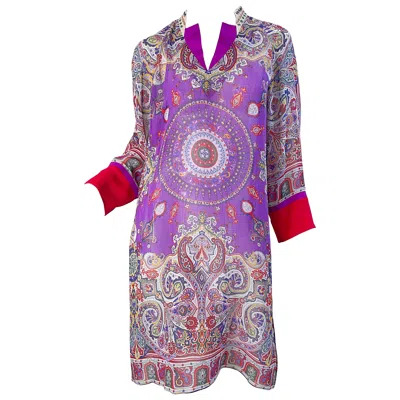 Pre-owned Etro Size 46 / 10 Beaded Silk And Cotton Purple Paisley Long Sleeve Tunic Dress