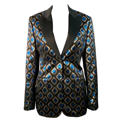 Pre-owned Etro Size 8 Black Blue Metallic Geometric Peak Lapel Jacket Blazer