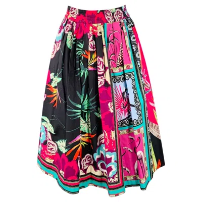 Pre-owned Etro Size 8 Multi-color Cotton Mixed Florals Elastic Waistband Midi Skirt In Pink