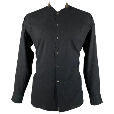 Pre-owned Etro Size L Black Brown Dots Wool Collarless Long Sleeve Shirt