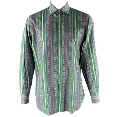 Pre-owned Etro Size L Green Mixed Stripe Cotton Long Sleeve Shirt