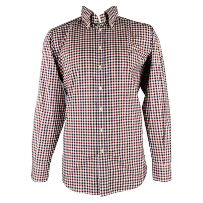 Pre-owned Etro Size L Navy Burgundy Checkered Cotton Button Up Long Sleeve Shirt In Red