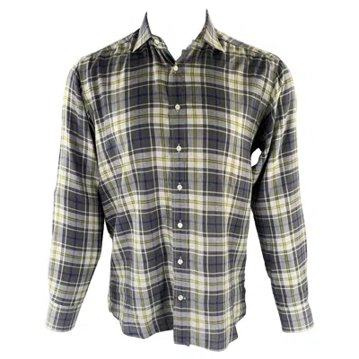 Pre-owned Etro Size M Grey Blue Green Plaid Pointed Collar Long Sleeve Shirt